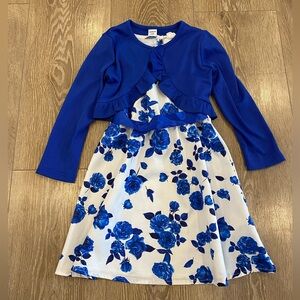 SHEIN Royal Blue Floral Kids Dress with Cardigan